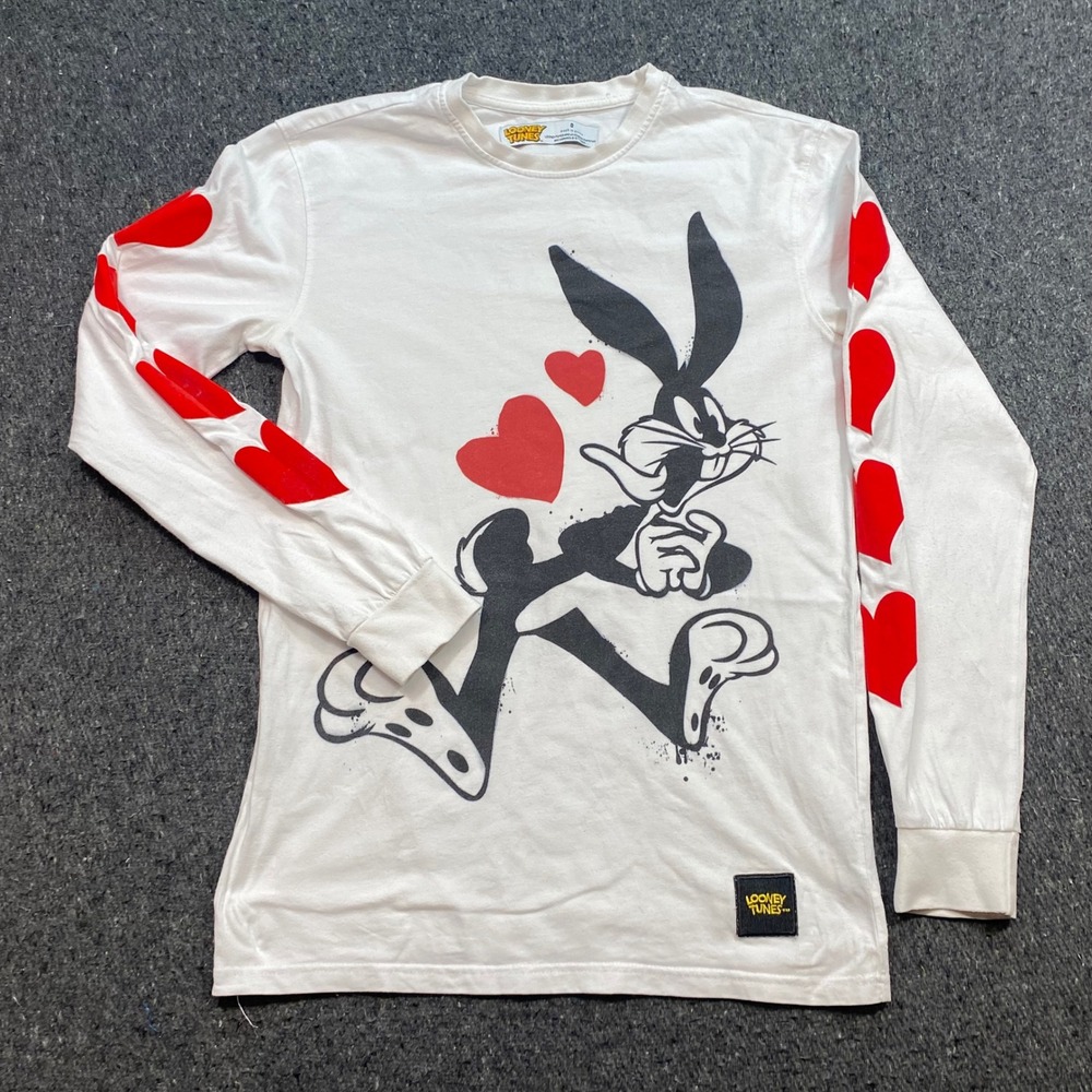 Looney Tunes Bugs Bunny TShirt Sz S White Skater Y2K Hearts Graphic Long Sleeve